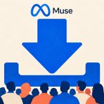 Muse de Meta junto a una flecha de descarga que llega a un grupo de usuarios, en una composición editorial