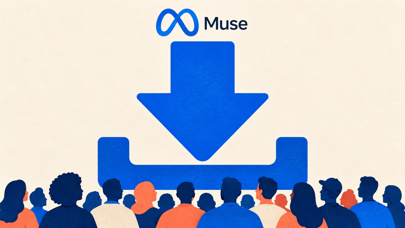 Muse de Meta junto a una flecha de descarga que llega a un grupo de usuarios, en una composición editorial