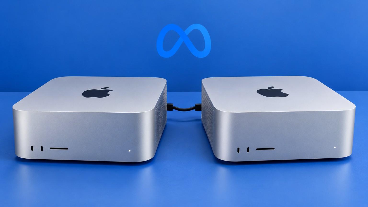 Dos Mac Studio plateados conectados por cable sobre un fondo azul para ejecutar Muse Spark Open