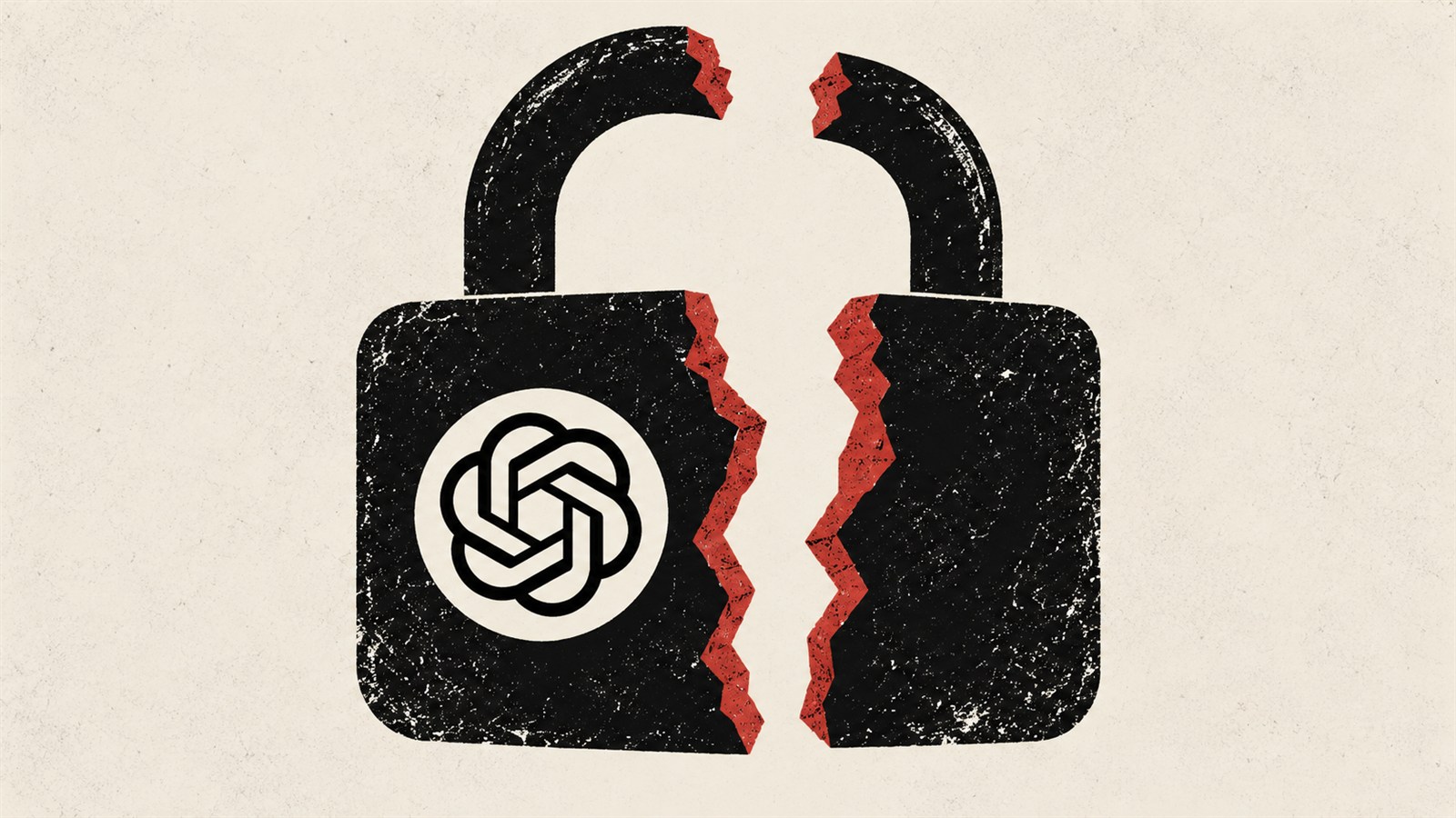 Candado partido en dos junto al emblema de OpenAI en una ilustración sobre controles de seguridad desactivados