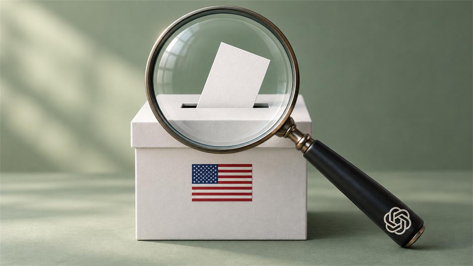 Ilustración editorial de OpenAI con una urna electoral de EEUU bajo una lupa de vigilancia