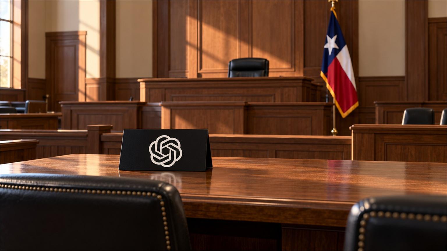 Emblema de OpenAI en una sala judicial con la bandera de Texas junto al estrado