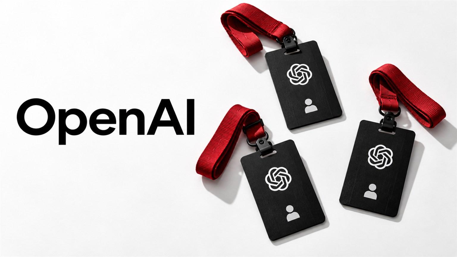 OpenAI junto a tres credenciales laborales sin nombres sobre una superficie blanca