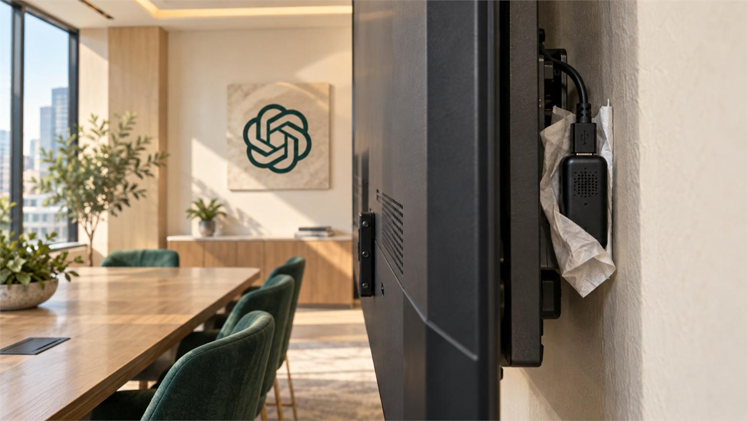 Grabadora oculta detrás de un televisor en una oficina identificada con el logo de OpenAI, en una recreación editorial