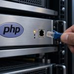 Servidor identificado con PHP y una mano que desconecta su cable de red durante un mantenimiento preventivo