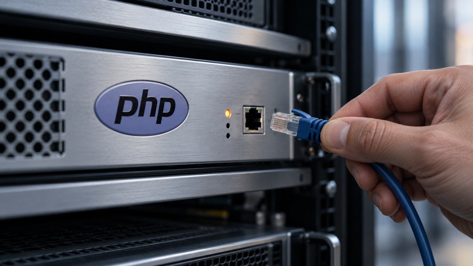 Servidor identificado con PHP y una mano que desconecta su cable de red durante un mantenimiento preventivo