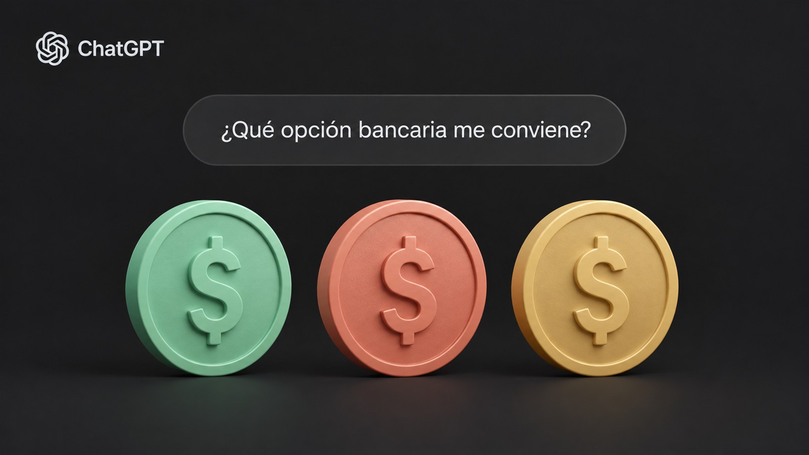 Interfaz conceptual de ChatGPT con un prompt para comparar productos bancarios y tres monedas de colores.