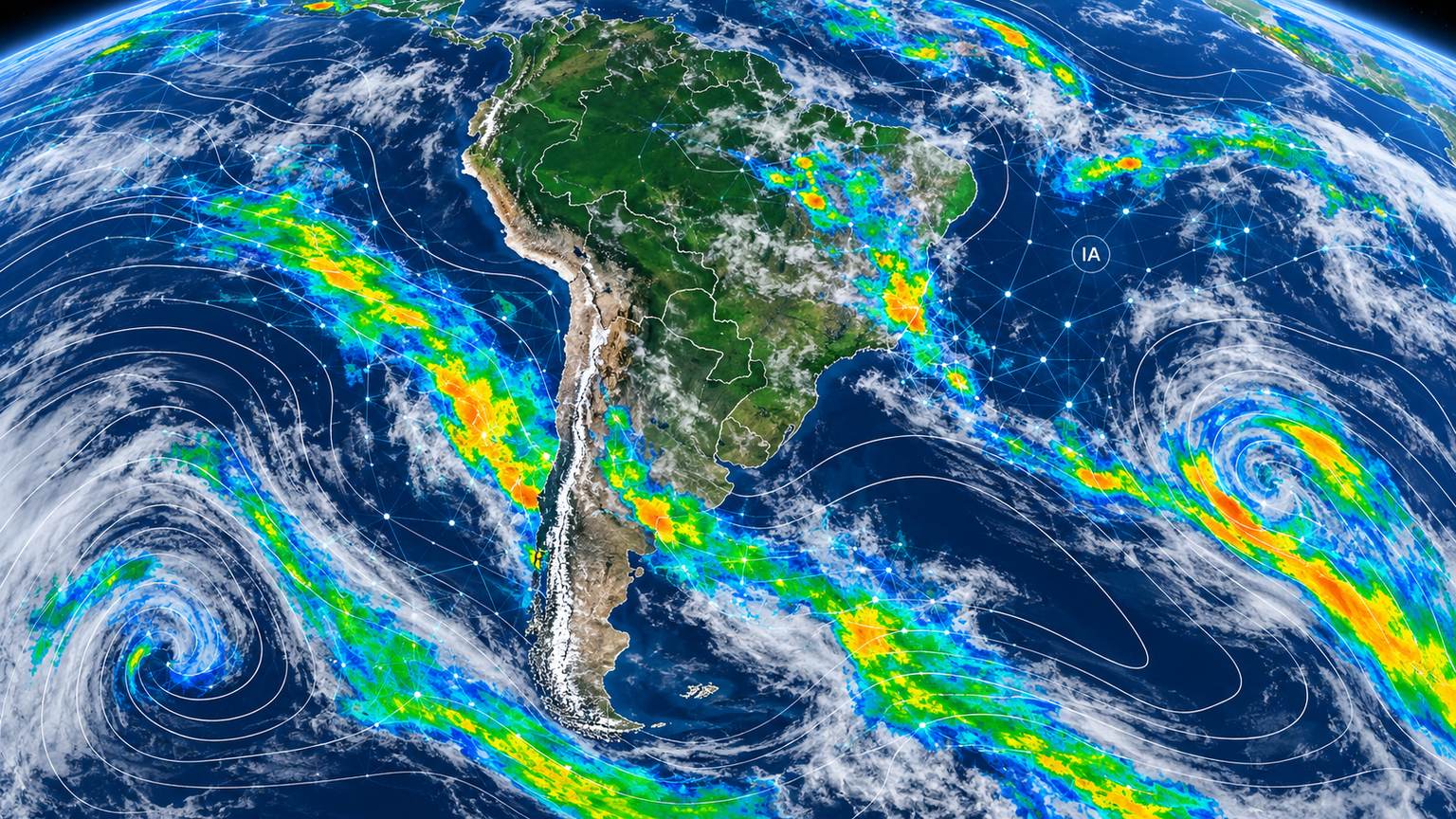 Mapa editorial de pronósticos meteorológicos sobre Sudamérica con bandas de lluvia, isobaras y una trama de análisis con IA