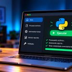 Laptop con el logotipo de Python y una interfaz para procesar archivos, automatizar tareas y generar reportes