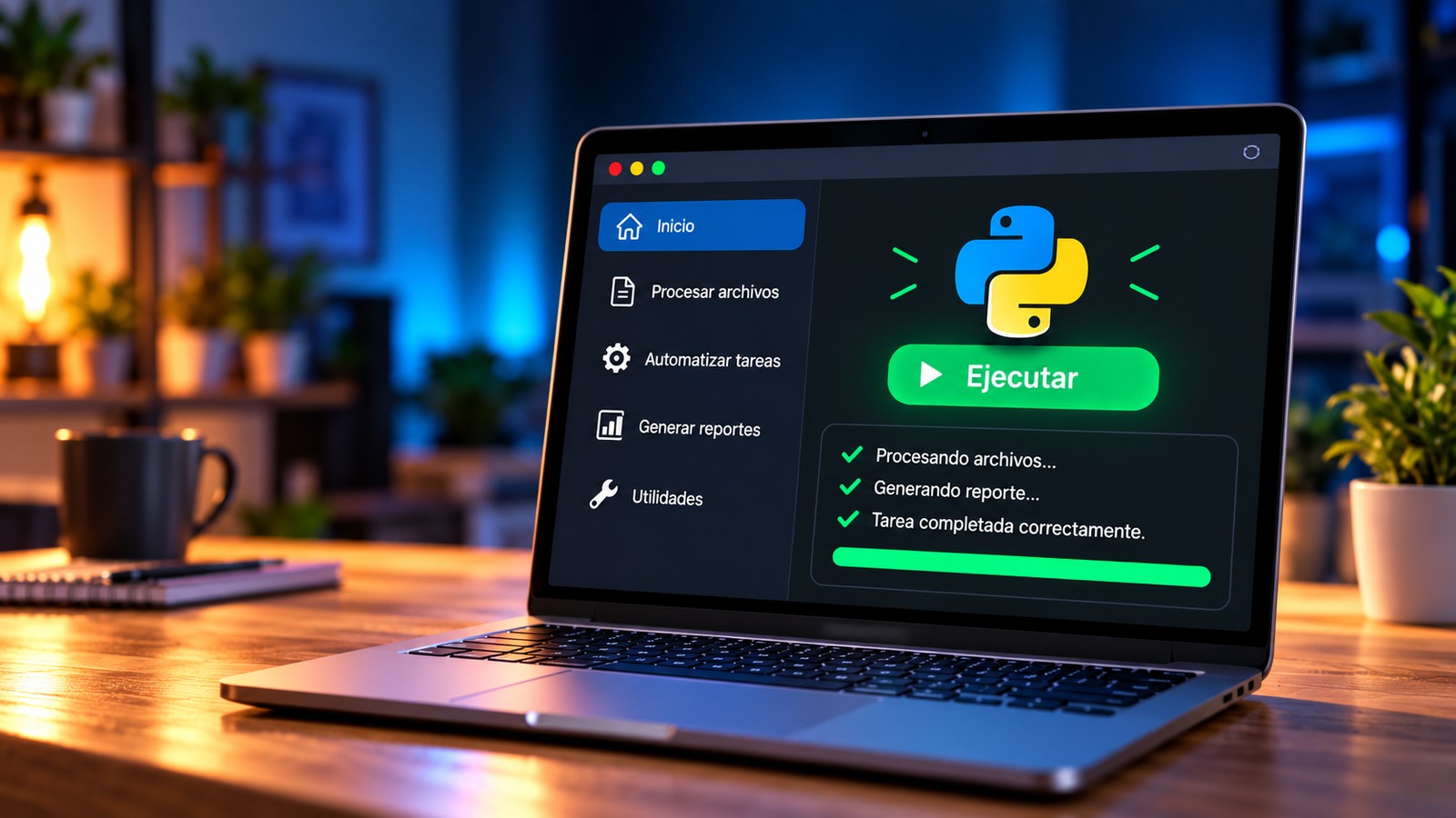 Laptop con el logotipo de Python y una interfaz para procesar archivos, automatizar tareas y generar reportes