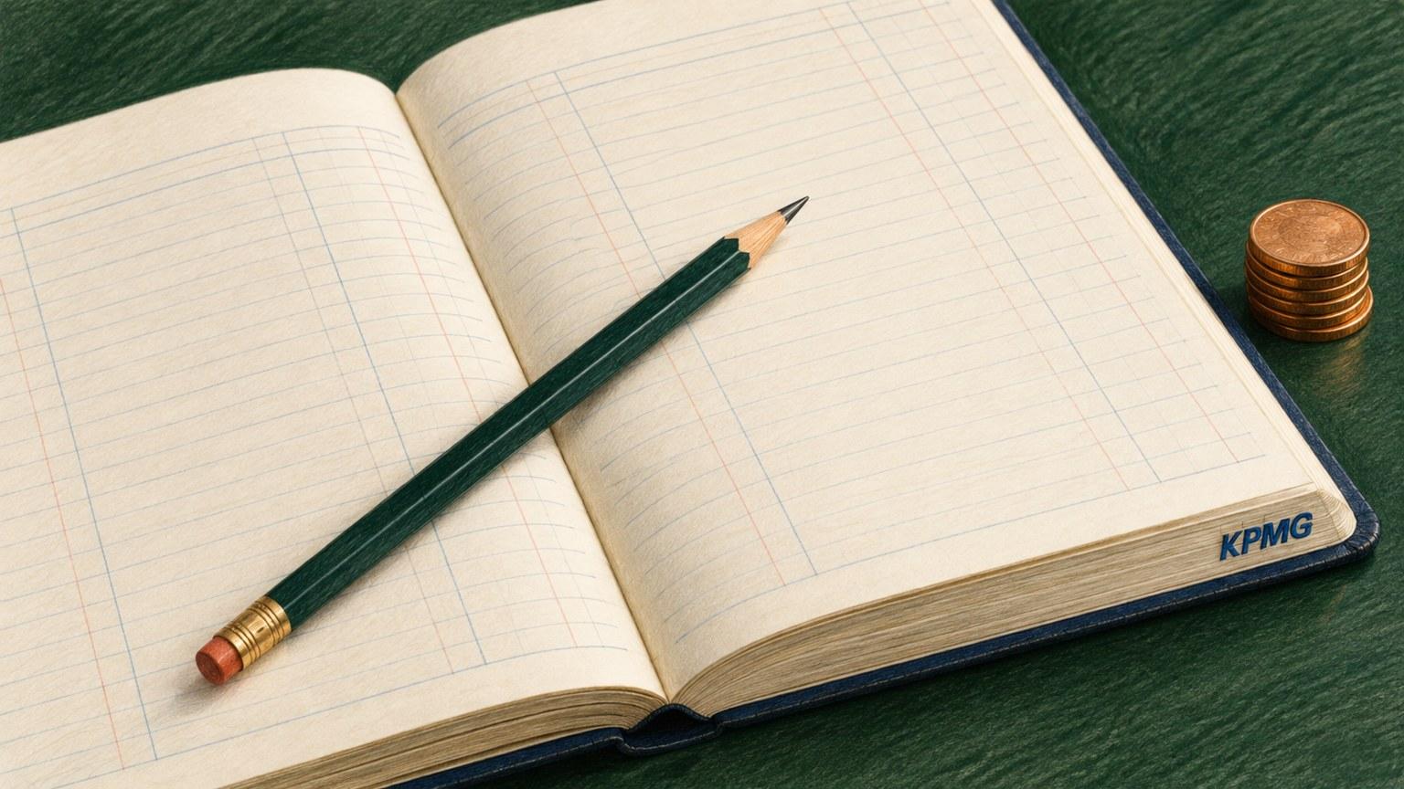 Cuaderno de balance abierto y lápiz junto al nombre KPMG, sobre la medición del retorno de inversión