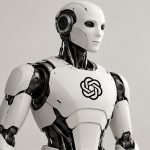 Robot blanco con el logo de OpenAI en el pecho en una ilustración conceptual sobre robots humanoides.