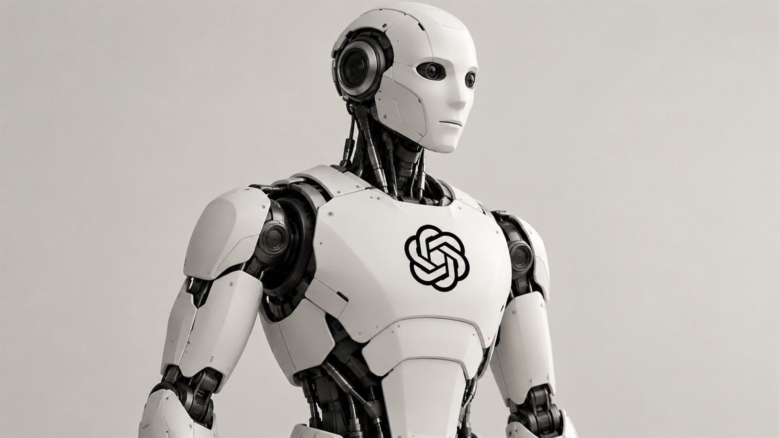 Robot blanco con el logo de OpenAI en el pecho en una ilustración conceptual sobre robots humanoides.