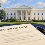 Ilustración de la Casa Blanca y un documento de seguridad de IA con una pluma.