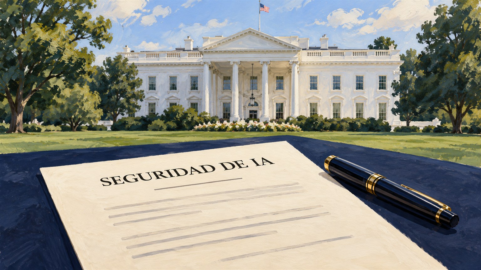 Ilustración de la Casa Blanca y un documento de seguridad de IA con una pluma.