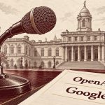 Grabado de un micrófono y una hoja con los nombres OpenAI y Google frente al Ayuntamiento de Nueva York, sobre empresas de IA.