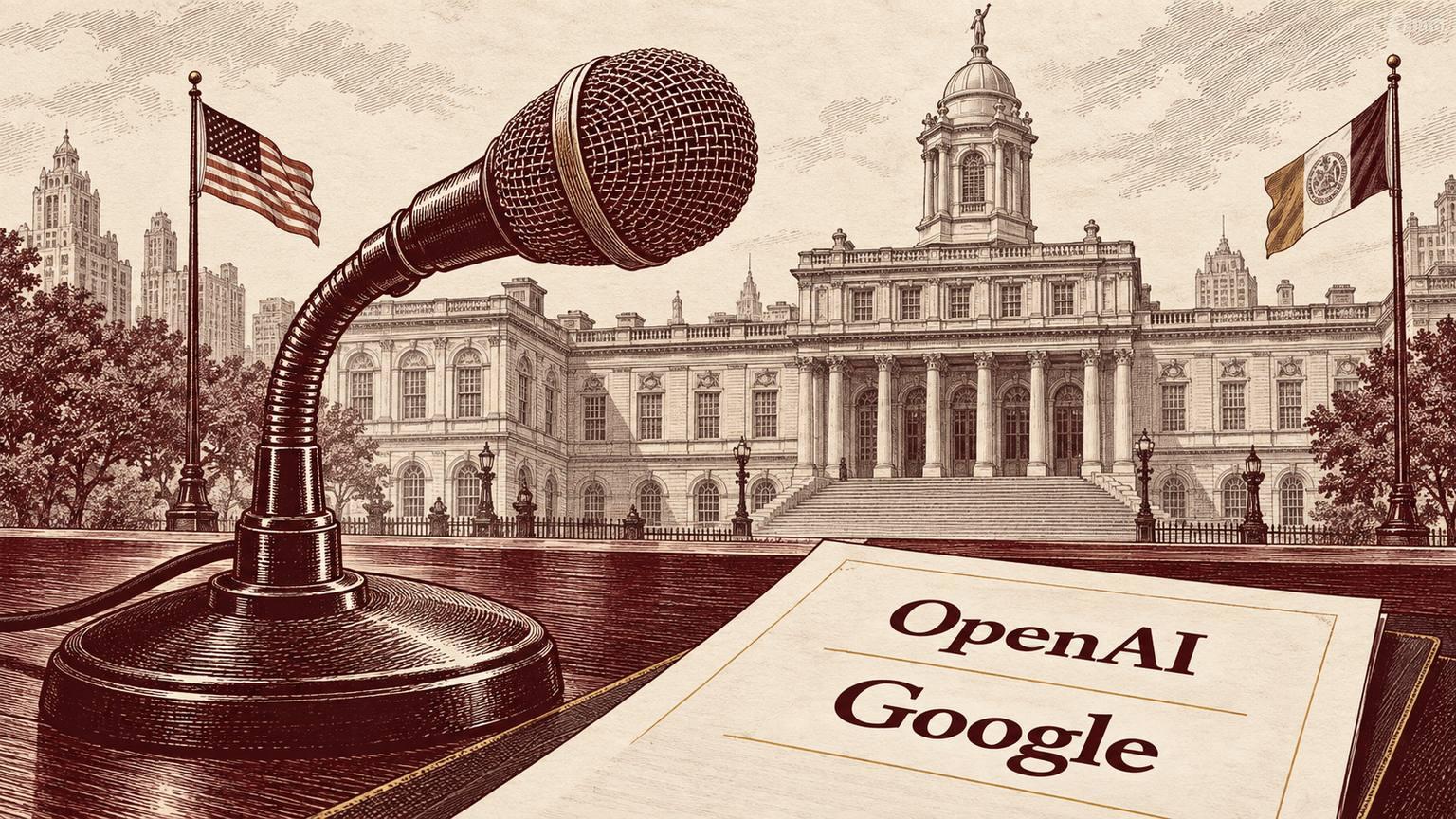Grabado de un micrófono y una hoja con los nombres OpenAI y Google frente al Ayuntamiento de Nueva York, sobre empresas de IA.