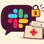 Ilustración editorial del logo de Slack en una conversación privada vinculada a un expediente médico.