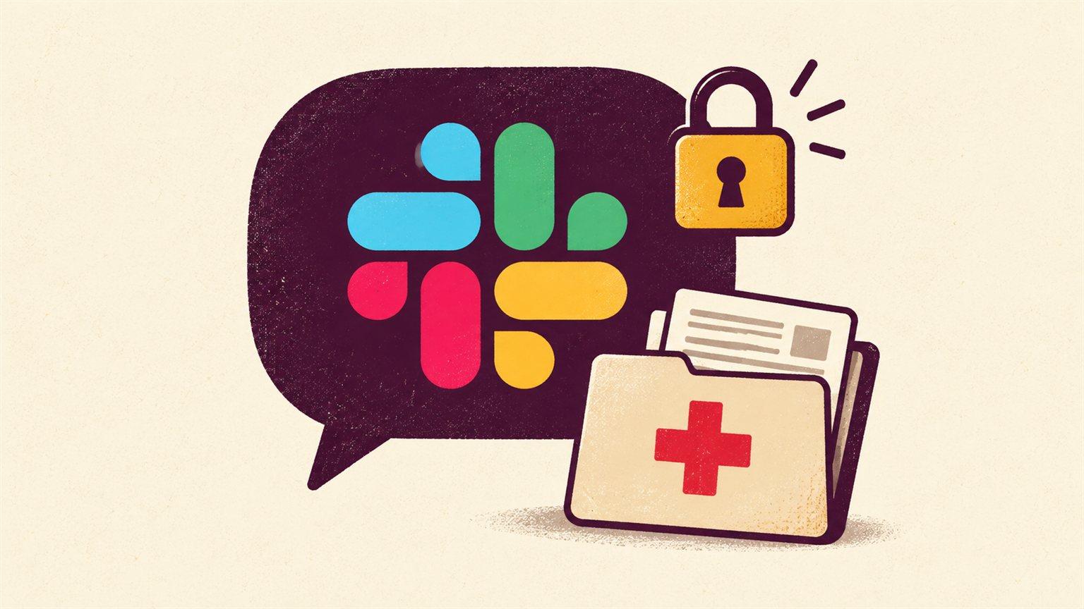 Ilustración editorial del logo de Slack en una conversación privada vinculada a un expediente médico.