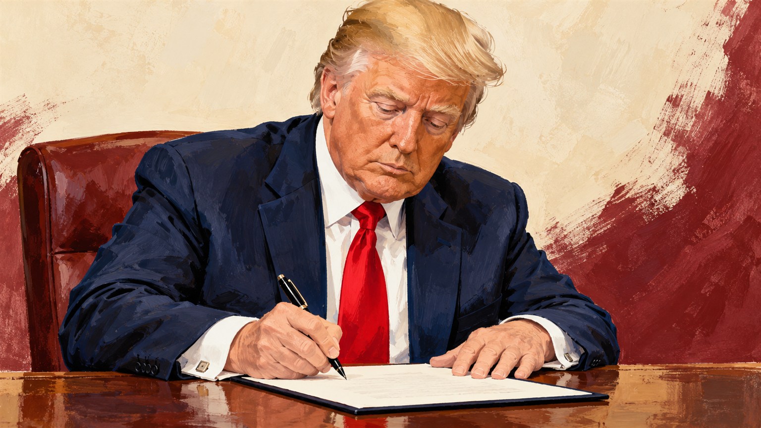 Ilustración editorial de Donald Trump firmando un documento sobre el rebautismo de IA como superinteligencia