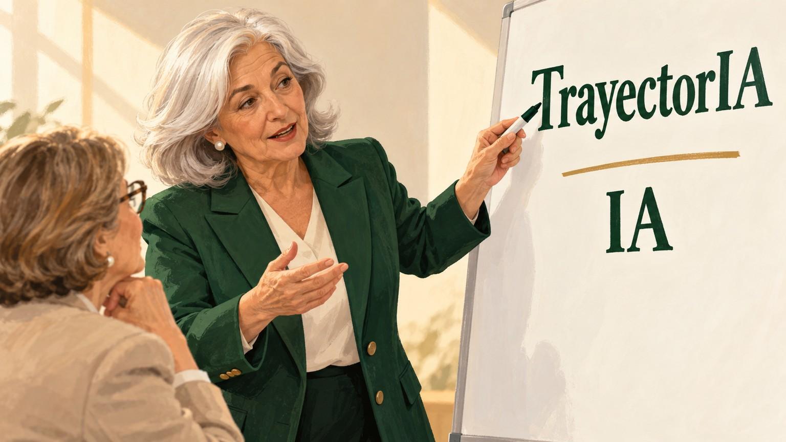 Abogadas senior en un taller de TrayectorIA, con una pizarra del programa de formación en IA