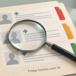 Ficha de triaje hecho con IA con tres pacientes ficticios y una lupa que examina la clasificación.