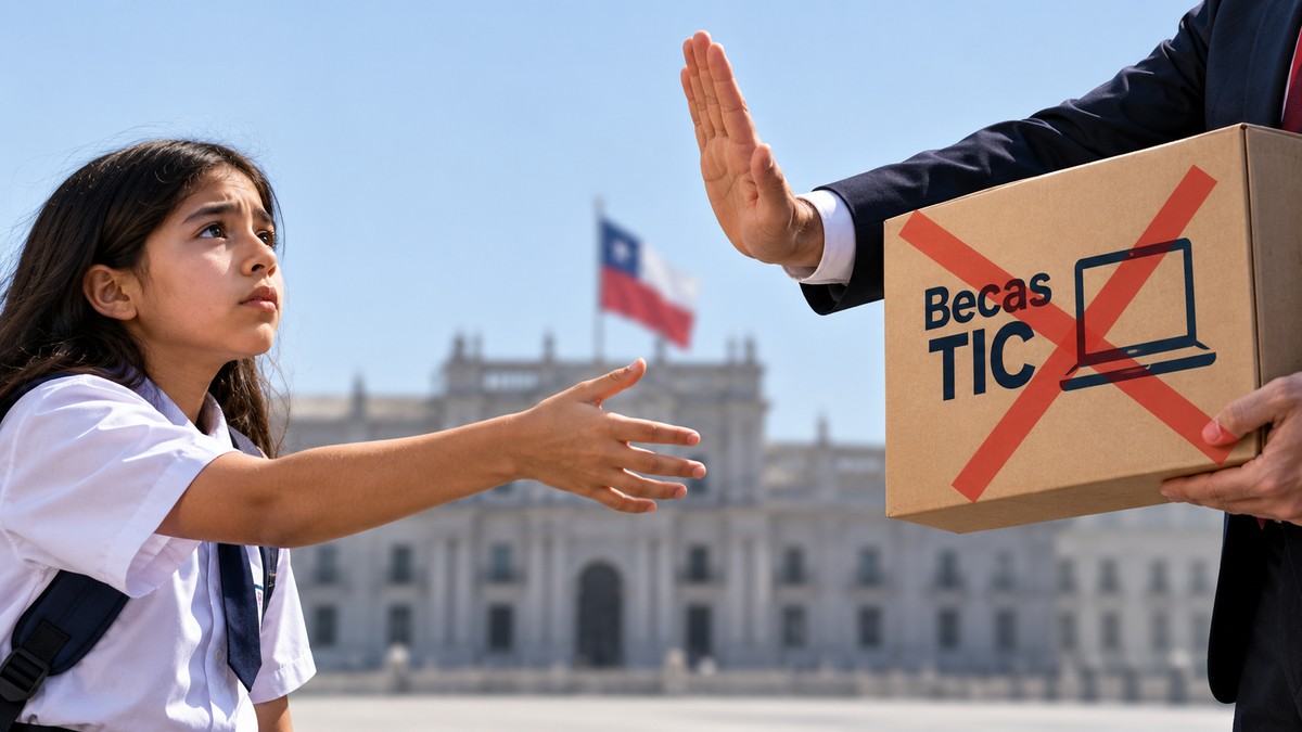 Yo elijo mi PC: ilustración de una escolar ante la negativa a entregar una caja de Becas TIC frente a La Moneda